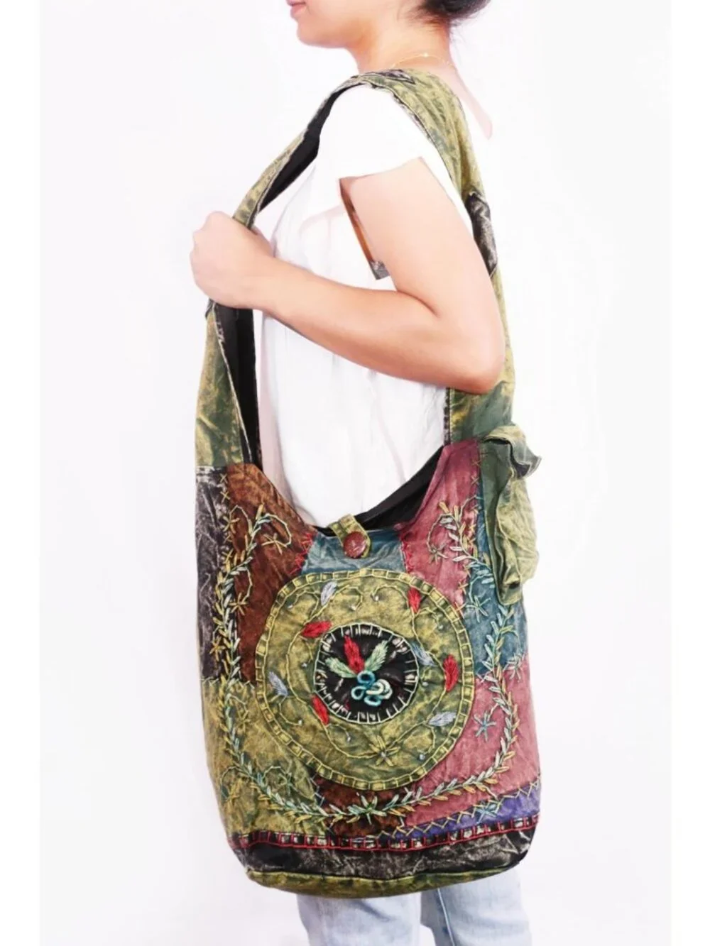 Large Handmade Cotton Jacquard Crossbody Bag - Embroidered Hobo Purse, Top Zip